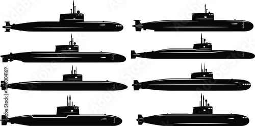 Submarine Silhouette Collection Set, Military Naval Underwater Warship Fleet Ocean Defense Black Vector Illustration Isolated White Background Design