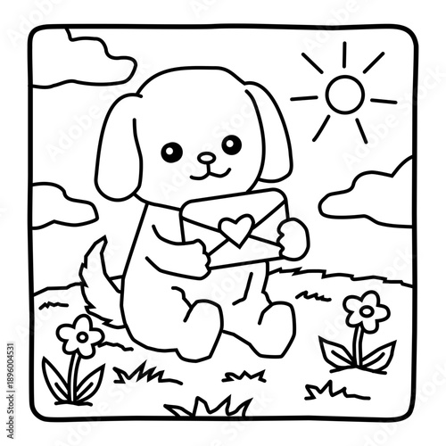 cute valentine's day kids coloring page image, adorable little puppy holding a loveletter, love, bold and easy, children activity, outlines, dog, vector