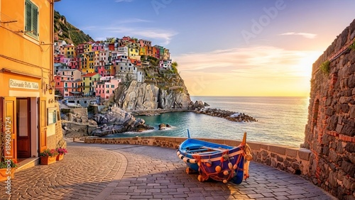 Colorful Italian Village of Manarola, Cinque Terre, with Boat on Cobblestone Path