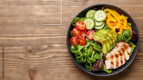 Fresh Chicken Salad Bowl with Avocado, Tomatoes, and Cucumbers on Wooden Table