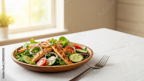 Fresh Chicken Salad with Mixed Vegetables in a Wooden Bowl