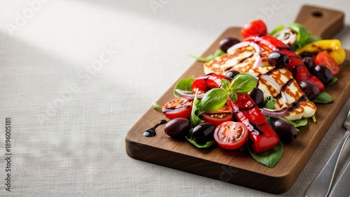 Fresh Halloumi Salad with Tomatoes and Olives on a Wooden Board