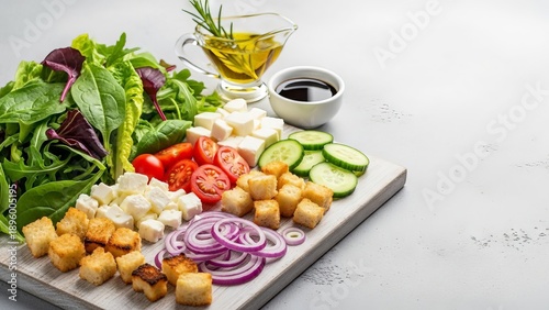 Fresh Salad Ingredients Prepared on a Cutting Board with Olive Oil Dressing