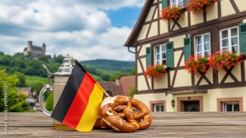 German Pretzel with Flag in Front of Traditional House