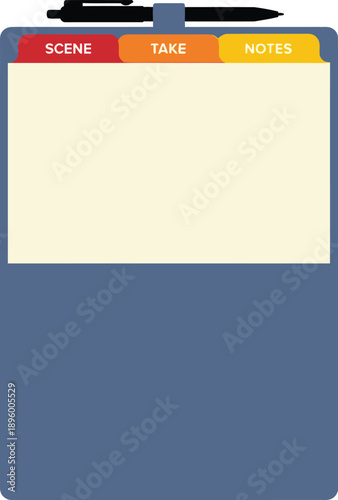 Professional cinema script supervisor clipboard with pen and tabs for scene take notes writing for movie filmmaking production crew continuity organization tool.