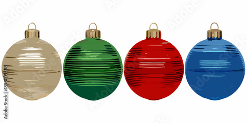 A row of four vintage style christmas ornaments in different colors