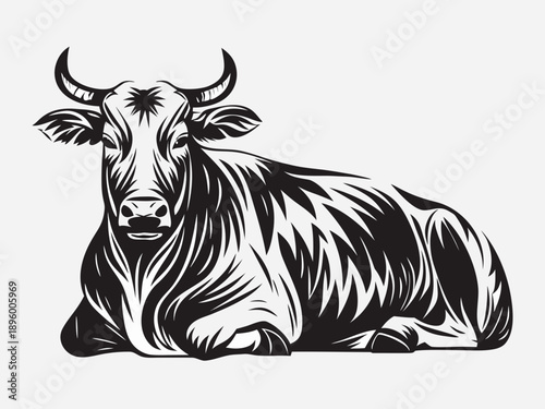 A detailed black and white illustration of a resting highland cattle cow