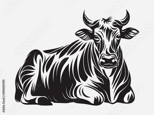 Stylized black and white illustration of a reclining cow with prominent horns