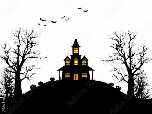 A spooky haunted house silhouette against a vibrant orange sunset sky