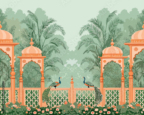A serene garden scene featuring ornate architecture and vibrant peacocks