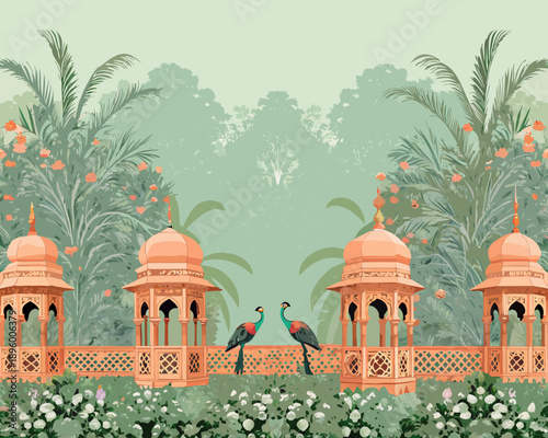 A serene landscape featuring ornate indian architecture and vibrant peacocks