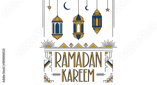 Ramadan Kareem greeting with hanging lanterns and crescent moons.