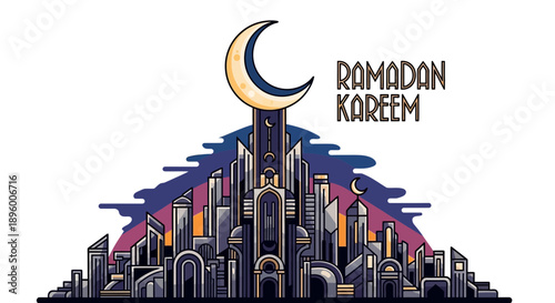 Ramadan Kareem greeting with crescent moon over a stylized city skyline.