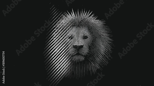 A striking grayscale image, a lion's head emerges from the darkness with detailed line art