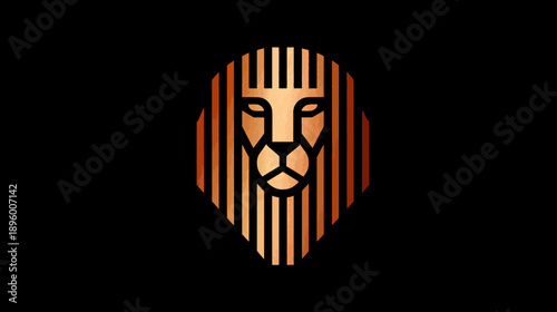 A geometric illustration of a lion's head with a stylized mane in shades of gold