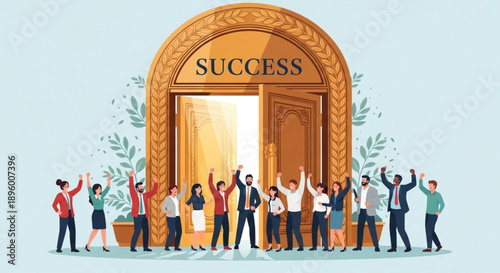 Diverse group of people celebrating in front of a grand golden door labeled success.
