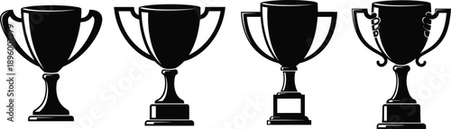 Trophy Cup Silhouette Collection Set, Winner Award Prize Championship Success Black Vector Illustration Isolated White Background Design