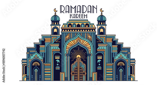 Intricate mosque illustration for Ramadan Kareem celebration.
