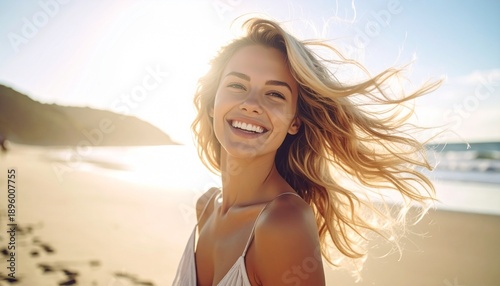 Smiling woman with flowing hair enjoying the beach sunshine carefree and happy golden hour portrait.