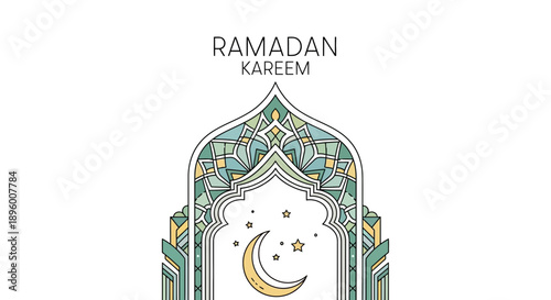 Ramadan Kareem greeting with ornate mosque arch and crescent moon.