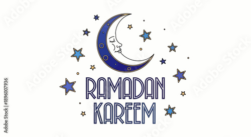 Ramadan Kareem greeting with crescent moon and stars.