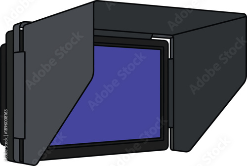 Professional digital camera field monitor with attached black sun hood sunshade for outdoor cinema filmmaking video production and glare protection equipment gear.
