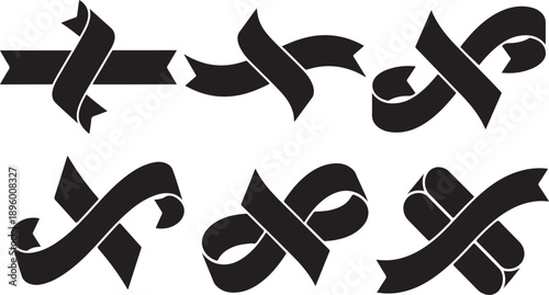 Set of black ribbon banners and ribbons isolated white