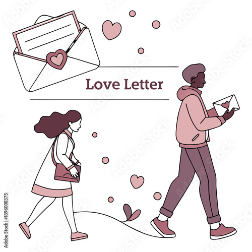 Romantic Love Letter Concept with Couple Exchanging Notes and Hearts. Minimalist Flat Illustration of Secret Admirer and Valentine Greeting.
