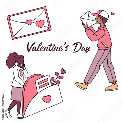 Valentine Day Celebration Set with People Sending Love Letters and Envelopes. Romantic Couple Character Illustrations for Greeting Cards and Social Media Posts.