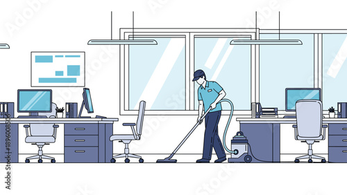 Professional janitor cleaning a modern office interior with a vacuum cleaner during working hours in a bright room.