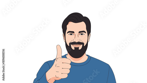 Portrait of a happy middle aged bearded man in a blue sweater giving a confident thumbs up gesture to the camera.