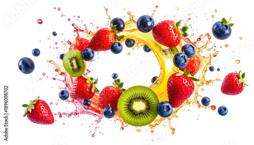 A vibrant splash of assorted fruits, featuring strawberries, blueberries, and kiwi slices, exploding with juice