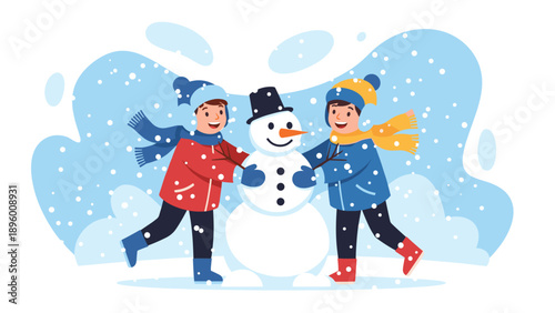 Two happy children in winter clothes work together to build a large snowman on a beautiful snowy day with falling flakes.