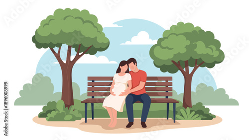 Pregnant woman and her partner sit together on a wooden park bench enjoying a peaceful moment in a lush green natural setting.
