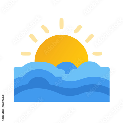 Sunrise over calm ocean waters in flat design style
