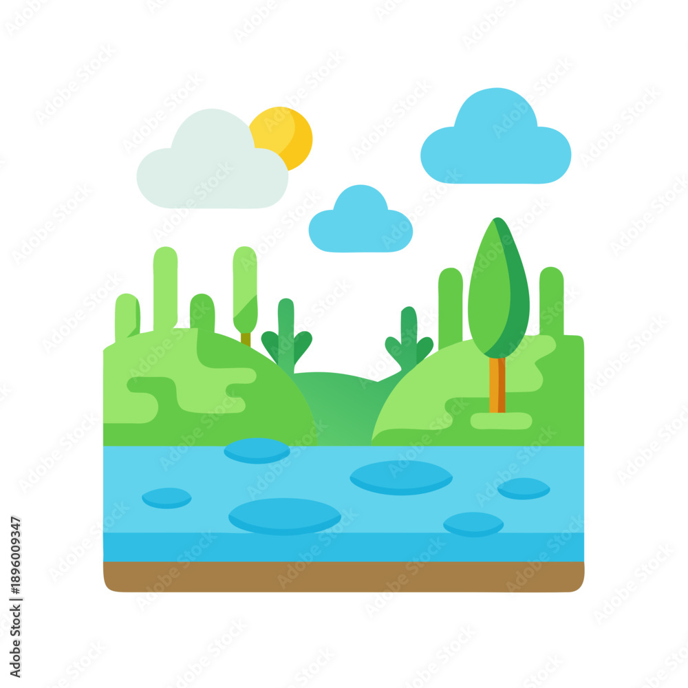 Obraz premium Flat illustration of nature scene with river and trees