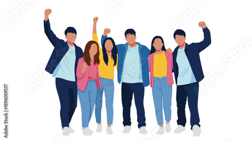 Group of excited young friends celebrate their success by cheering with raised arms in a minimalist flat illustration style.