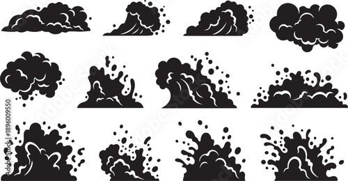 Explosion Cloud Icons Set Black Silhouettes on White Background