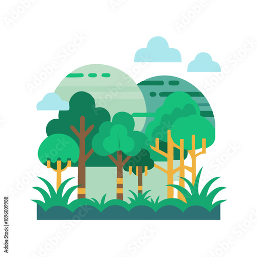 Flat design forest with trees and hills illustration