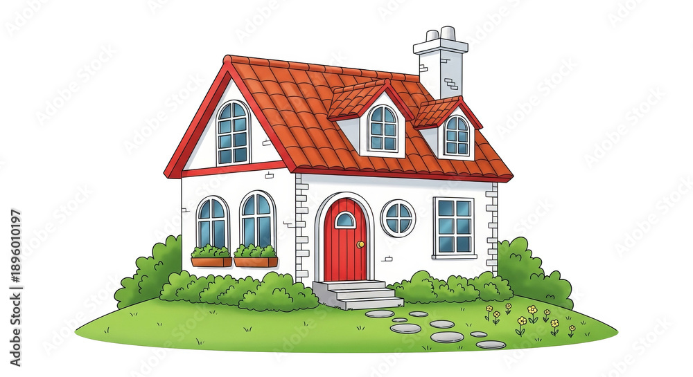 Naklejka premium Cozy Cartoon House Illustration With Red Roof And Green Garden