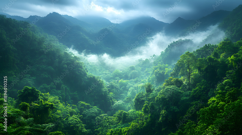 Obraz premium Lush greenery spreads across mountains under cloudy skies in a tropical forest during the afternoon hours