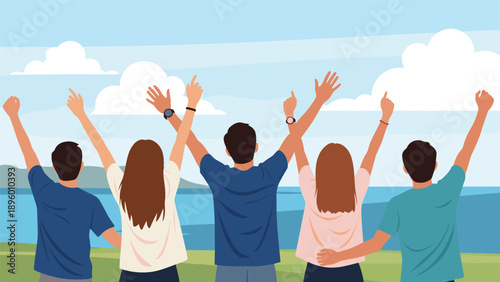 Group of enthusiastic young friends standing on a green field looking at the ocean with their hands raised in joy.