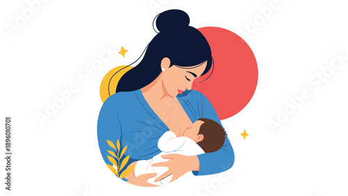 Beautiful vector illustration of a mother breastfeeding her infant baby against a decorative circular background.