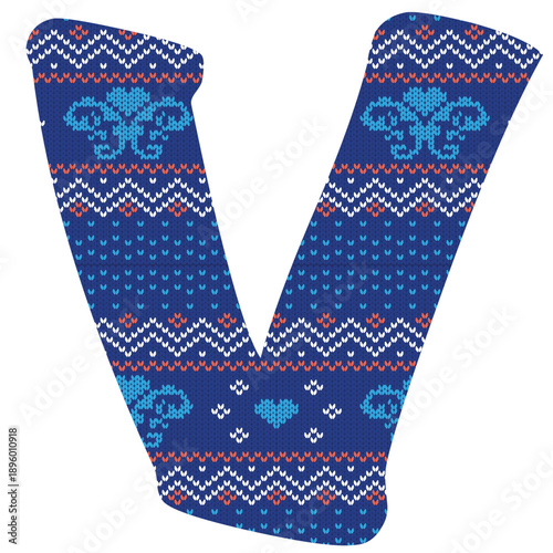 Yarn pattern letters in upper “V” of English alphabet on white background