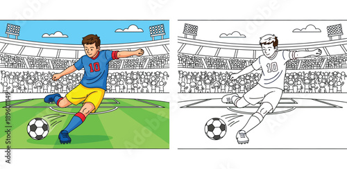 Cartoon soccer player kicking ball in stadium vector illustration, coloring page outline and colorful version for kids activity book, football athlete sport background.