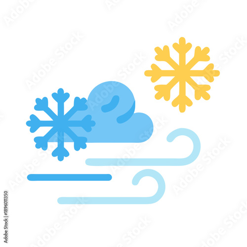 Stylized winter weather icon with snowflakes, wind and cloud