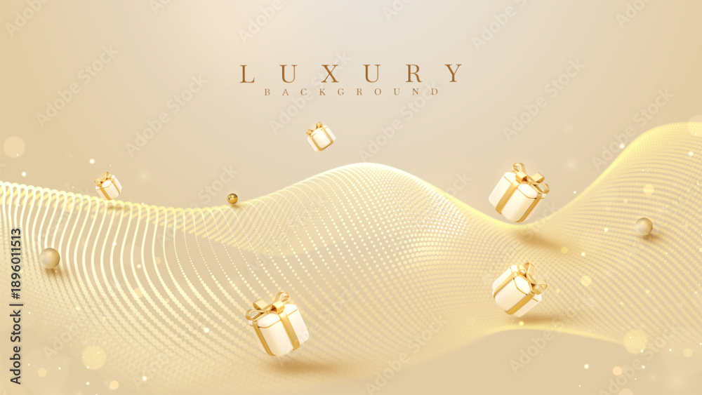 Obraz premium Luxury gold background with floating gift boxes and golden ball and abstract particle wave, Premium celebration banner scene for award ceremony and product promotion.