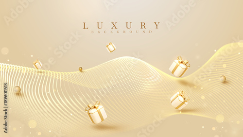 Luxury gold background with floating gift boxes and golden ball and abstract particle wave, Premium celebration banner scene for award ceremony and product promotion.