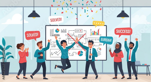 Diverse business team celebrates success with confetti and charts.