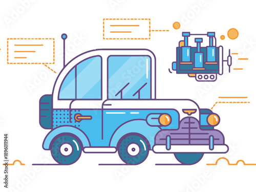 Blue retro classic car vector illustration with internal combustion engine components and infographic elements for automotive repair service and vintage vehicle design